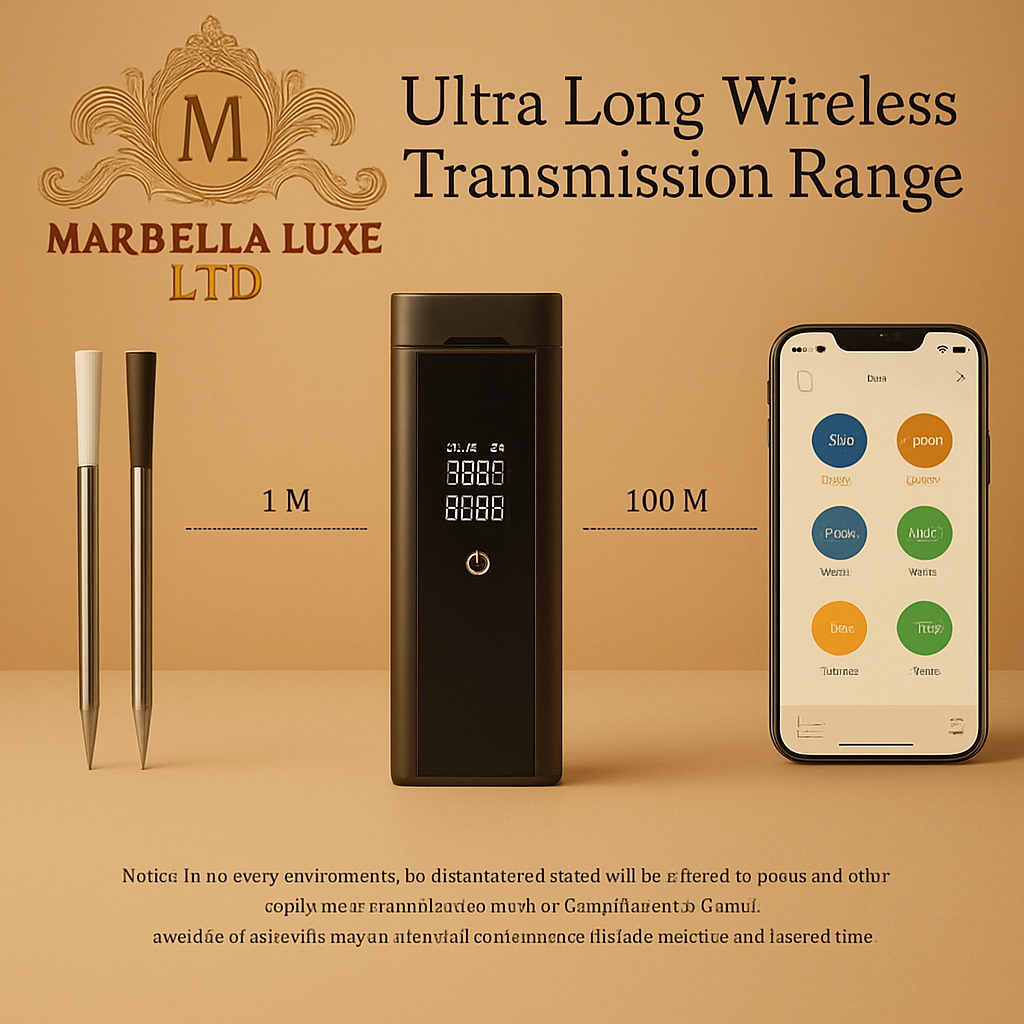 Wireless meat thermometer with ultra long transmission range next to smartphone and pens.