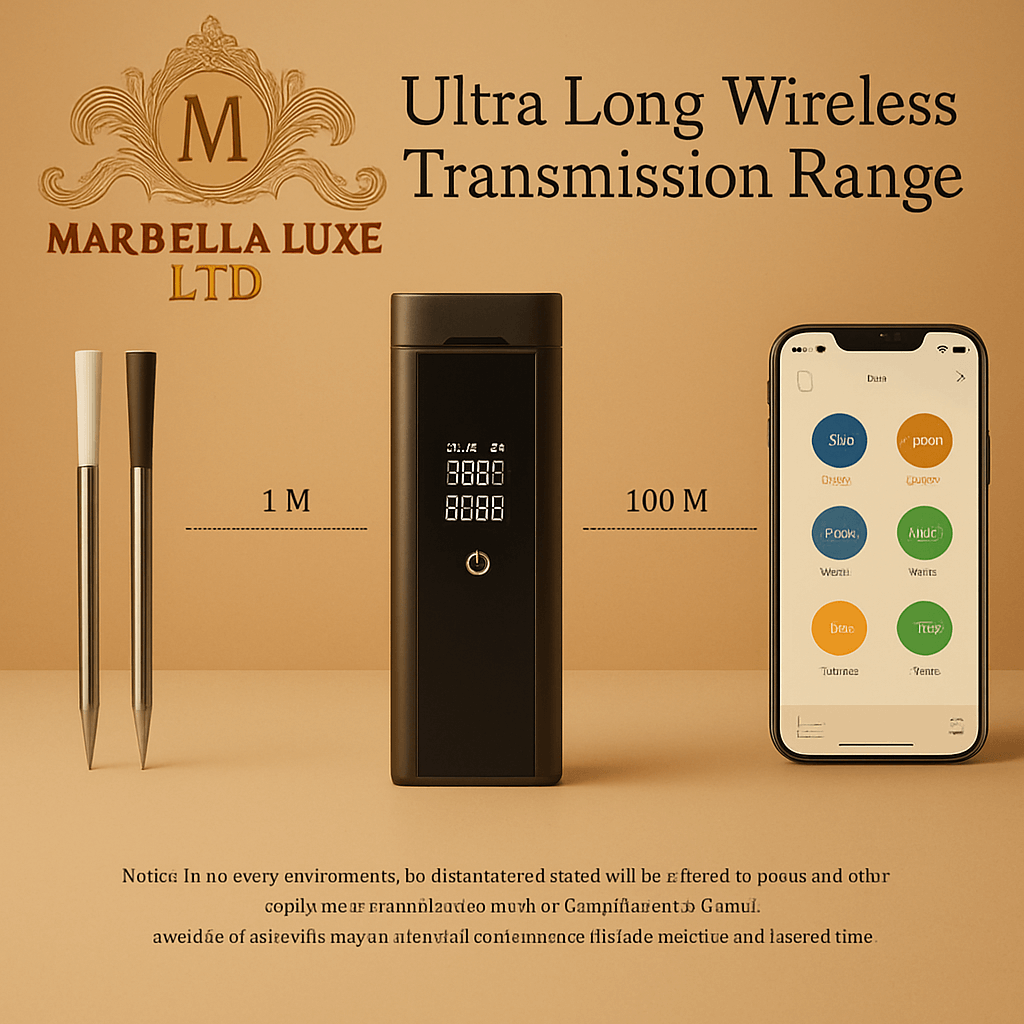 Wireless meat thermometer with ultra long transmission range next to smartphone and pens.