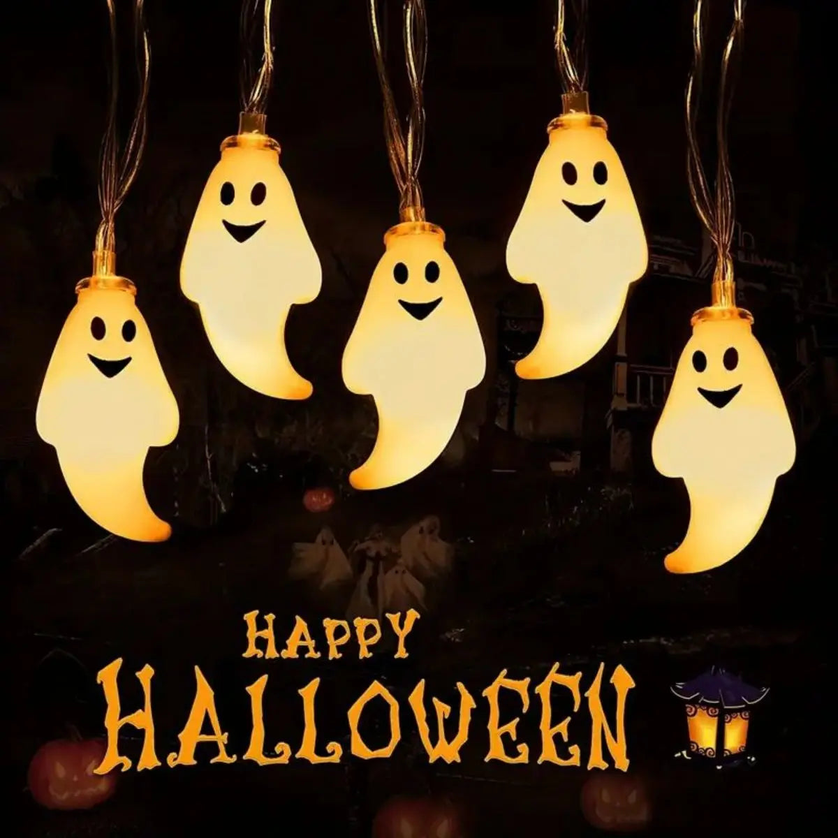 Halloween-themed string lights shaped like ghosts with 'Happy Halloween' text on a dark background.