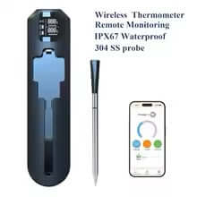 Wireless meat thermometer with mobile app, IP67 waterproof, and stainless steel probe for accurate cooking.