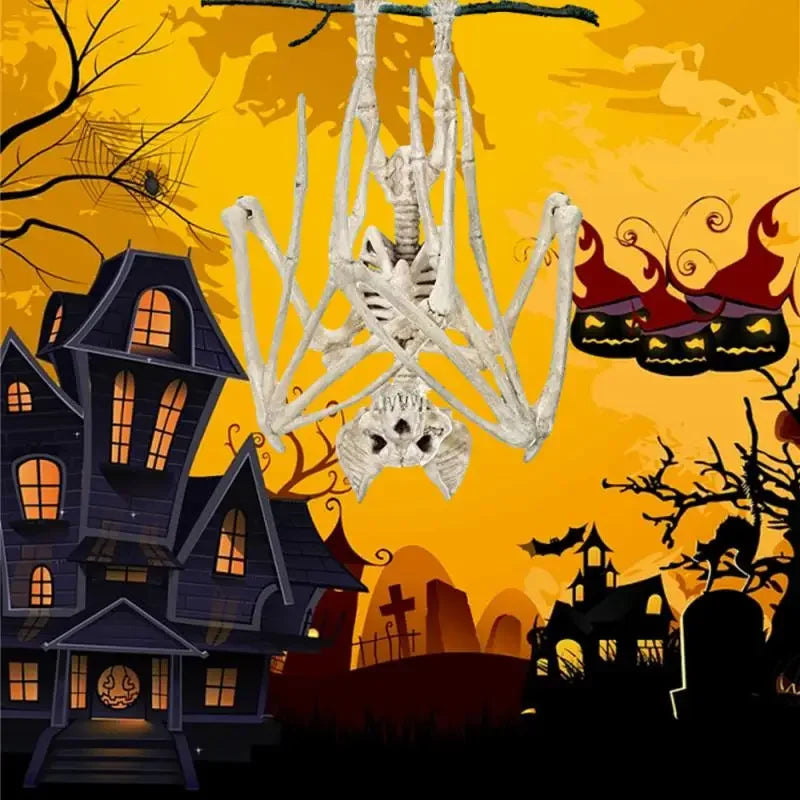 Halloween-themed background with skeleton, haunted houses, and pumpkins.