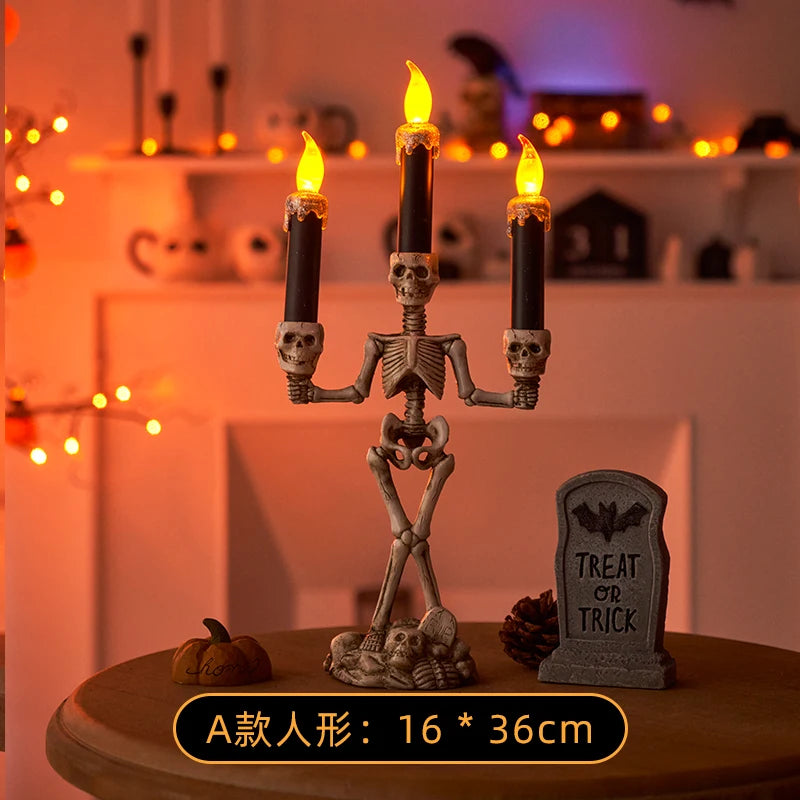 Skull LED Candlestick – Flameless Halloween Candle Holder & Horror Prop