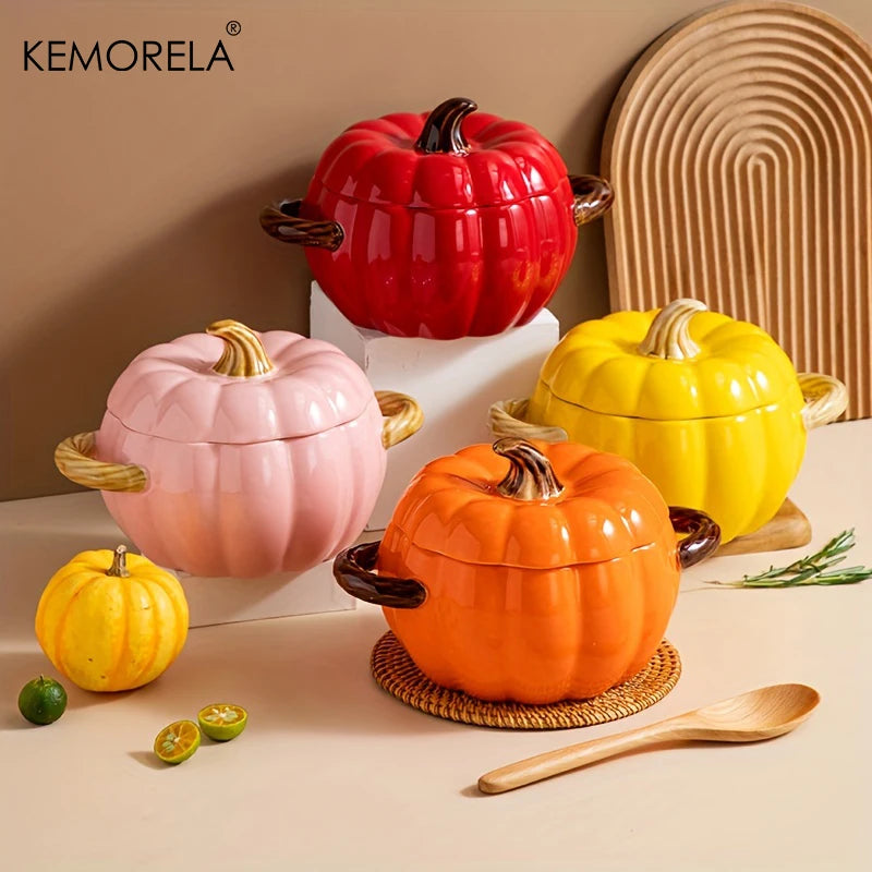 50oz Ceramic Pumpkin Dutch Oven with Lid – Halloween Pumpkin Pottery Dish for Desserts, Sauces, and Baking