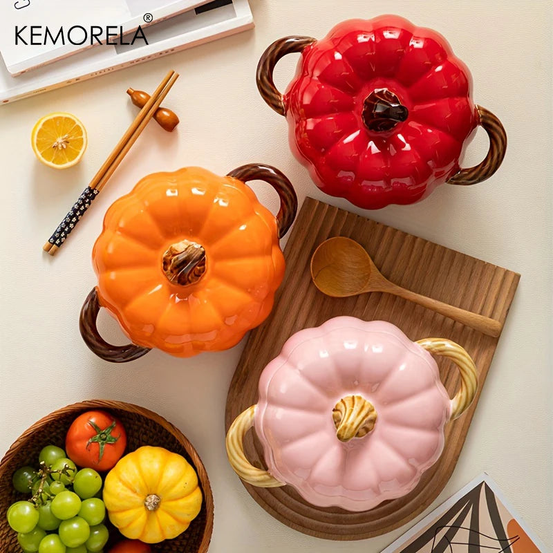 50oz Ceramic Pumpkin Dutch Oven with Lid – Halloween Pumpkin Pottery Dish for Desserts, Sauces, and Baking