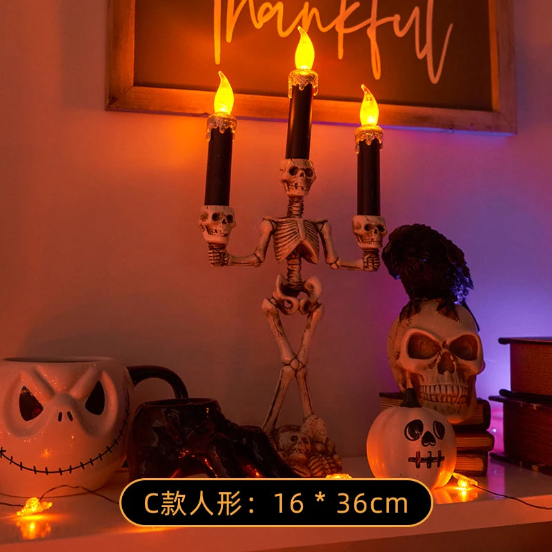 Skull LED Candlestick – Flameless Halloween Candle Holder & Horror Prop