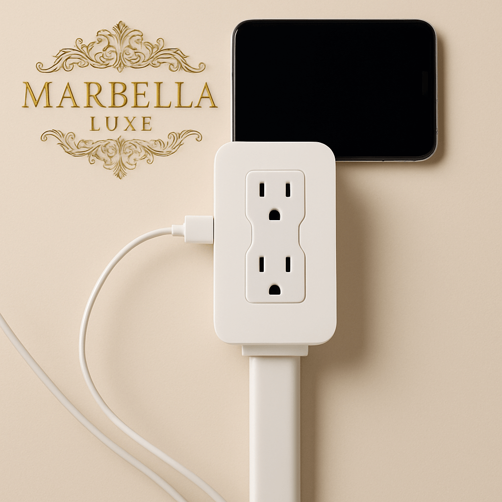 Marbella Luxe Power Socket Expander Stick with a smartphone charging, showcasing stylish design and versatility.
