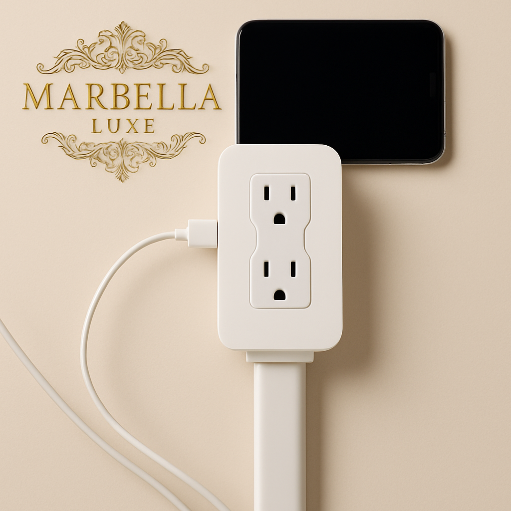 White power extension cord with outlets on a beige background, featuring the Marbella Luxe logo.