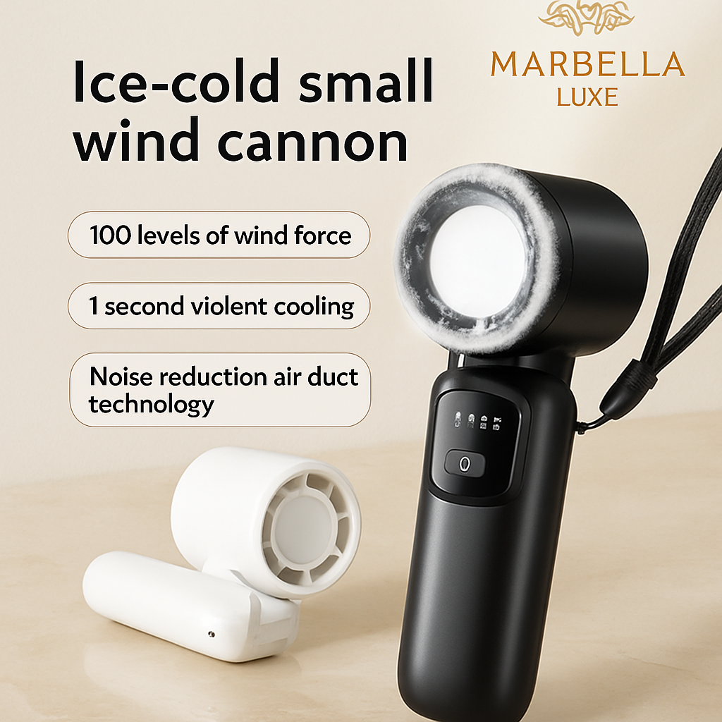 Black wind cannon with white nozzles on a beige background, featuring Marbella Luxe branding.