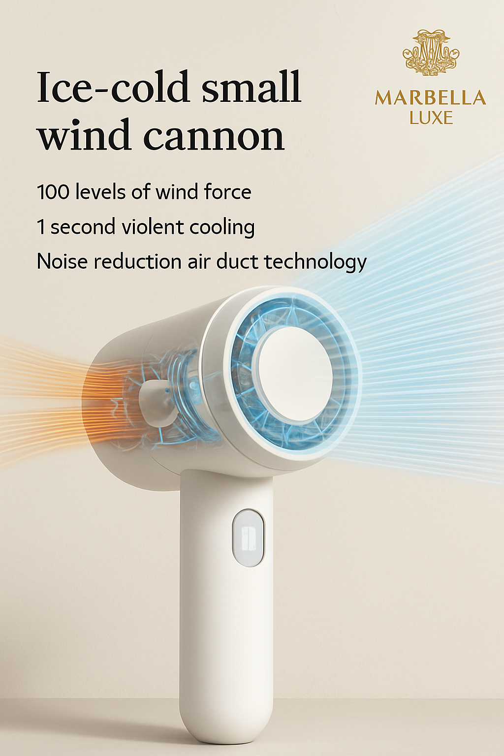 Ice-cold small wind cannon with cooling effects on a beige background, featuring Marbella Luxe branding.