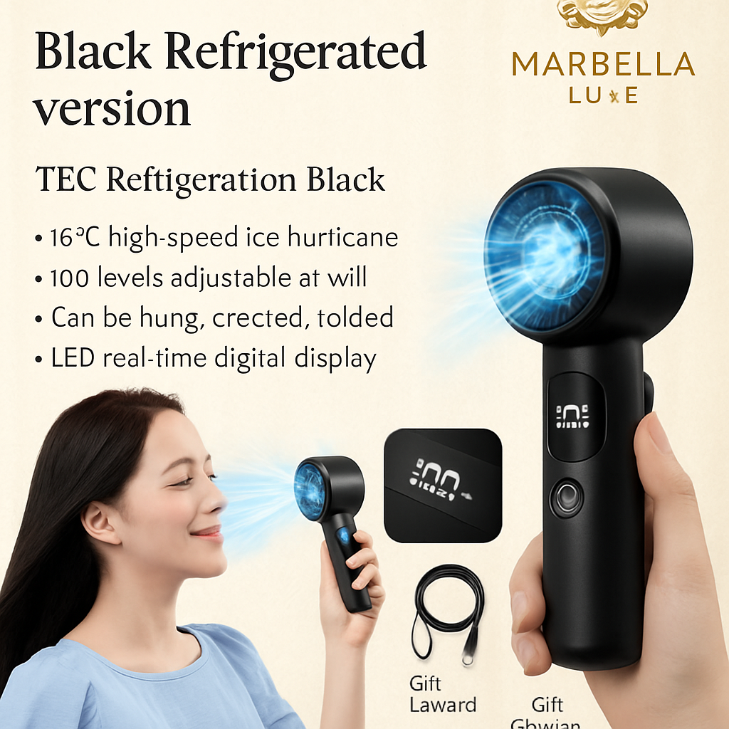 Black refrigerated device with LED display, woman using it, and Marbella Luxe branding.