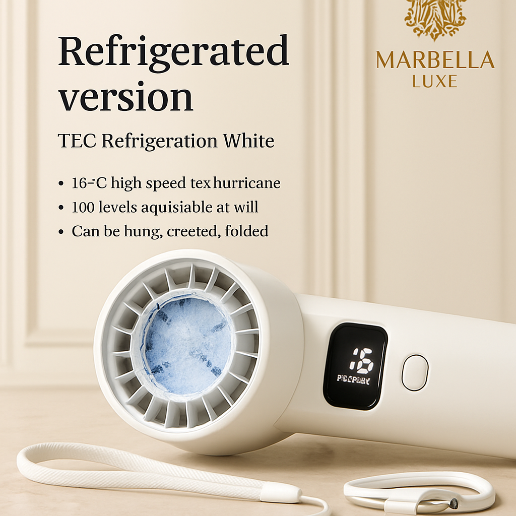 White handheld device with refrigeration feature on a beige background, featuring Marbella Luxe branding.