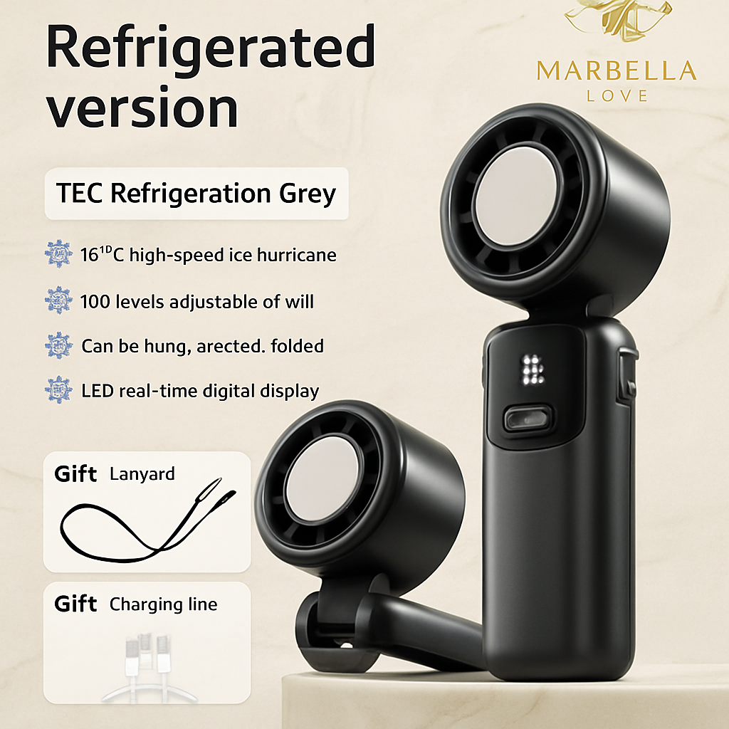 Black handheld device with refrigerated version features and Marbella Love branding.