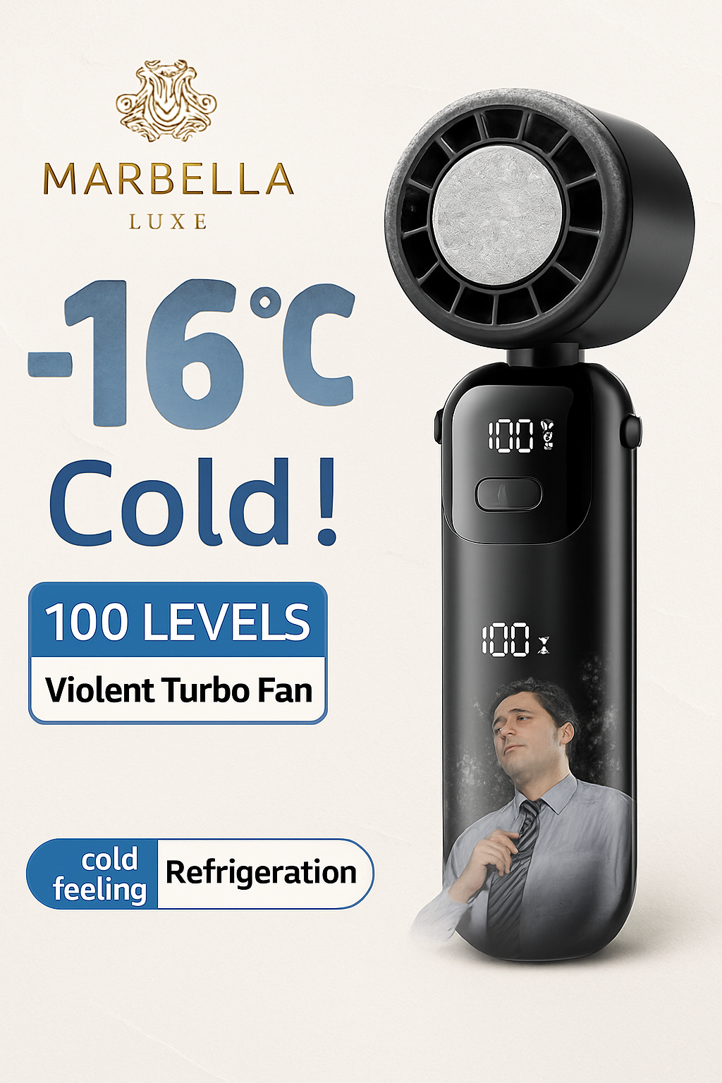 Handheld fan with digital display and text highlighting features on a white background